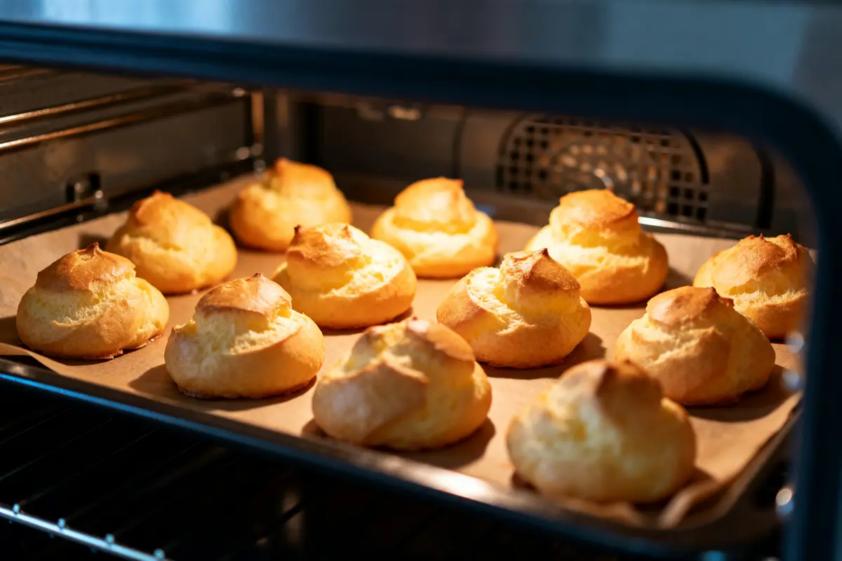 Petits choux dorés sur plaque, cuisson pâte à choux four traditionnel ou chaleur tournante.