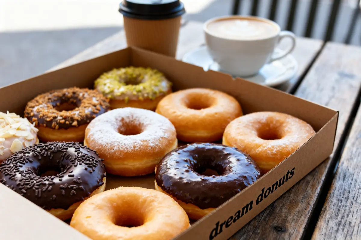Boîte de dream donuts prix variés avec boissons chaudes sur table en bois
