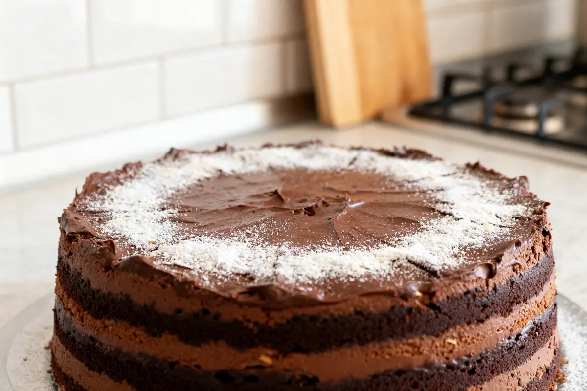 Gateau reine de saba Mercotte au chocolat sur une assiette dans une cuisine moderne