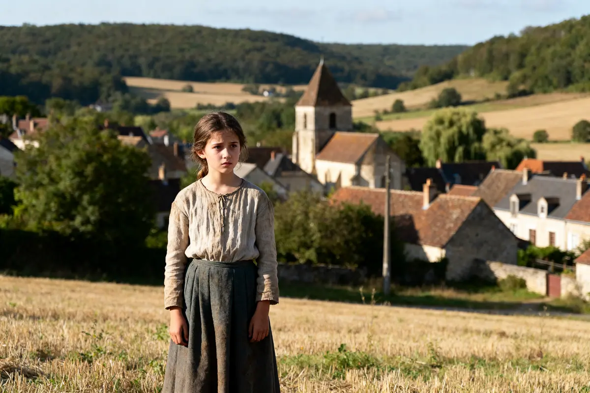 Jeune fille dans un village champêtre évoquant la Petite Fadette devant des collines verdoyantes