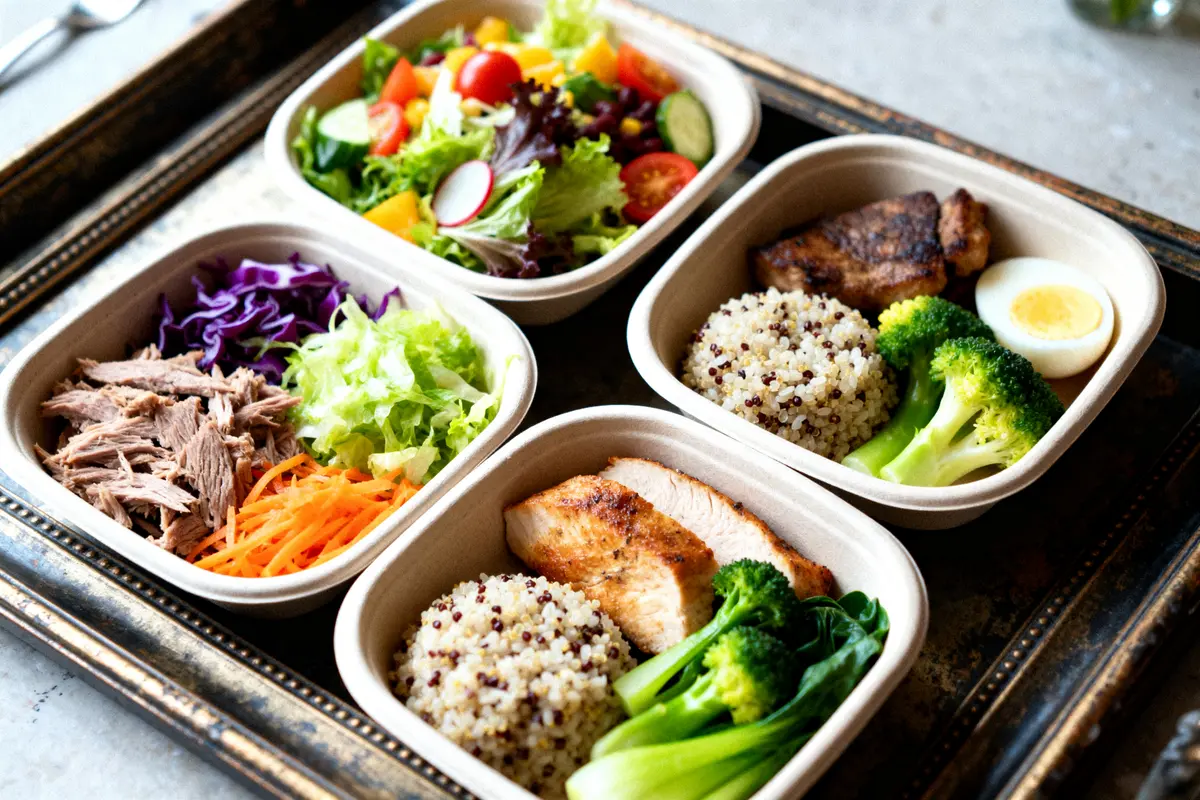 Plateaux-repas variés avec salade, quinoa, légumes, viande pour un menu régime sèche pour femme