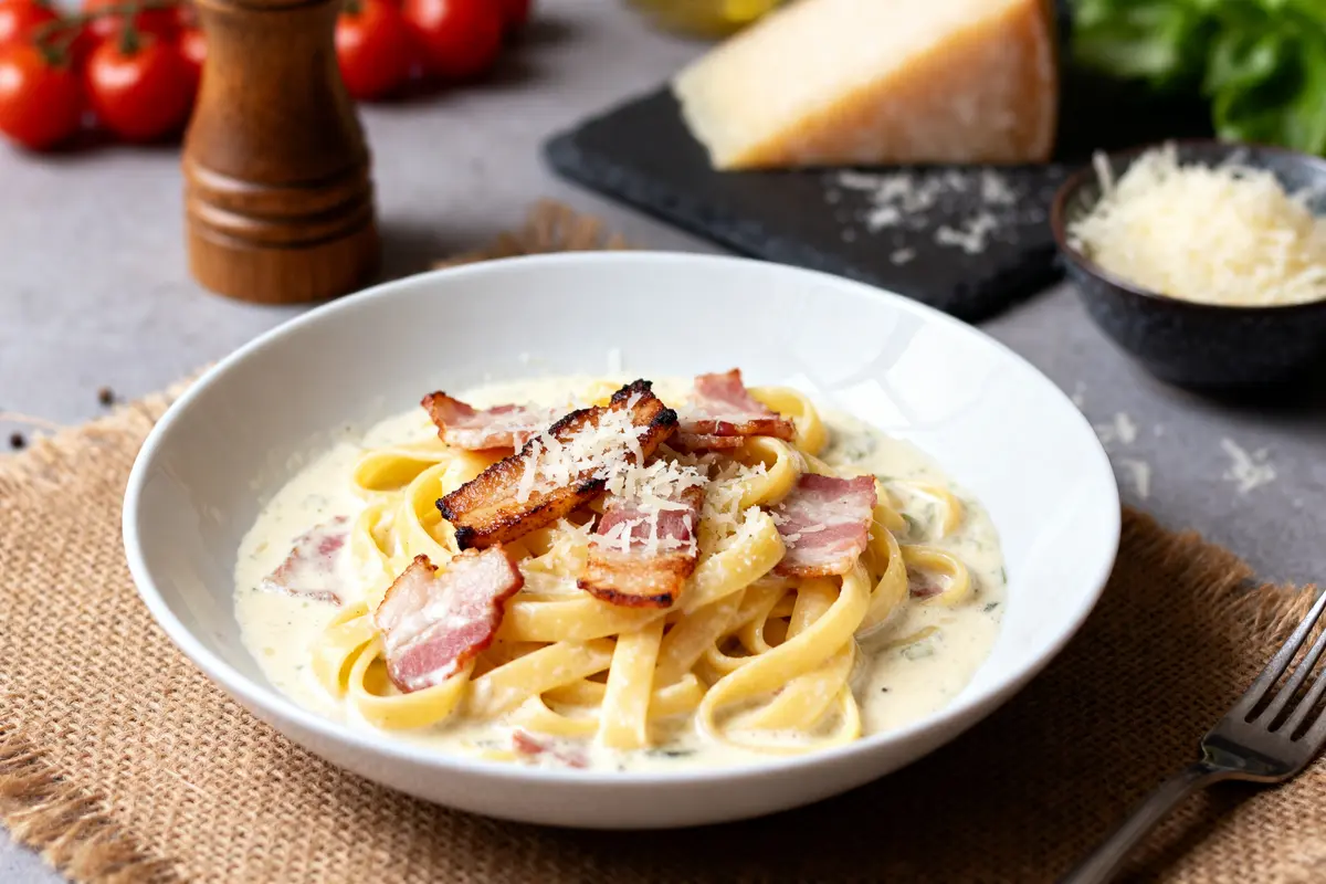 Tagliatelles carbonara avec bacon et crème fraîche liquide ou épaisse, garnies de parmesan râpé