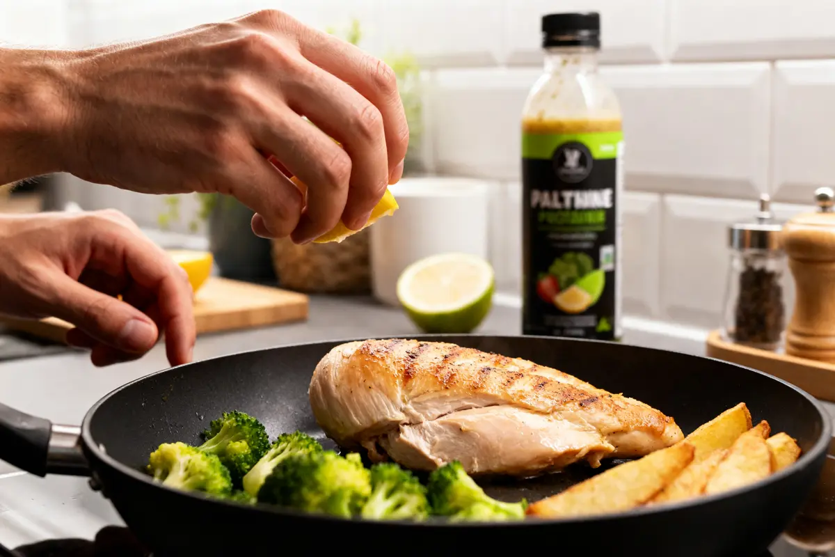 Main pressant du citron sur protéines blanc de poulet grillé avec brocoli et pommes de terre