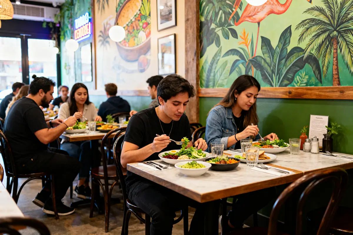 Clients dînent joyeusement dans un restaurant petit noir fast and furious ambiancé et coloré