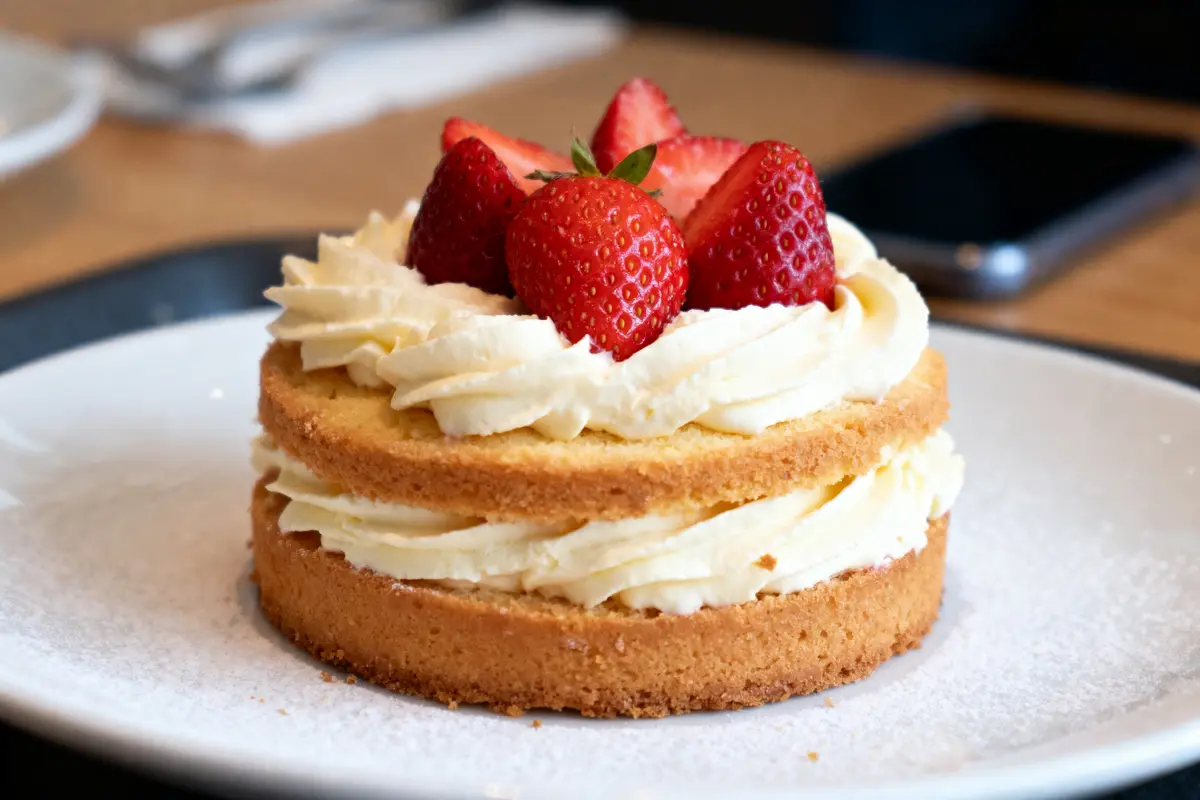 Gâteau aux fraises et crème chantilly sur assiette blanche, fond flou.
