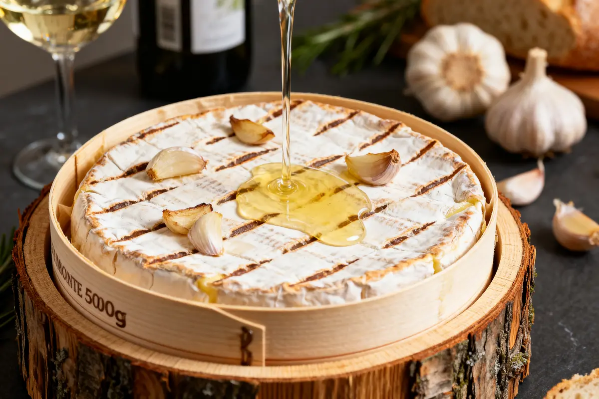 Camembert rôti avec ail et miel, accompagné de vin blanc et pain en arrière-plan.