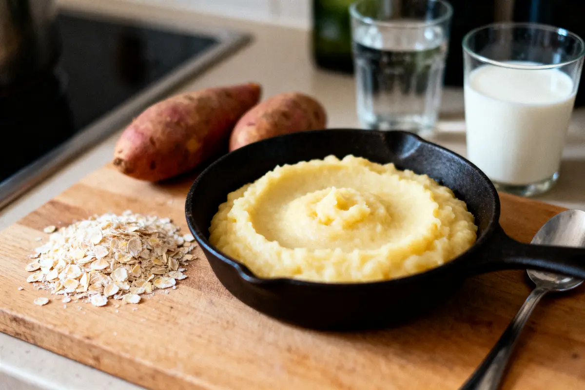 Purée de pommes de terre dans poêle, accompagnée de patates douces, avoine, verre de lait, eau.