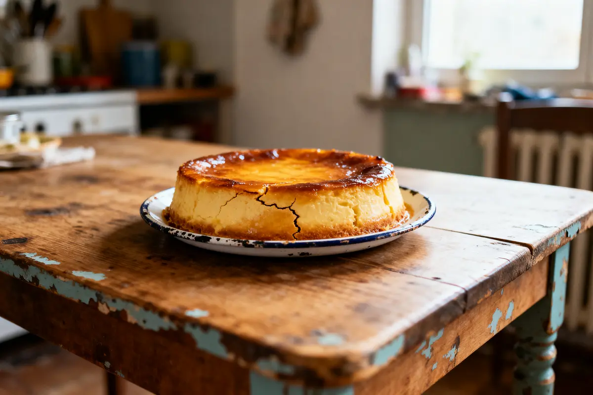 Cheesecake maison doré, légèrement craquelé, présenté sur une table en bois rustique dans une cuisine.