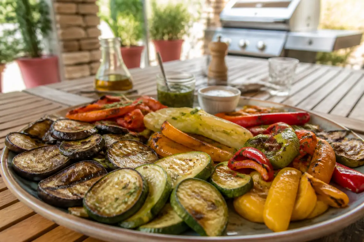 Assiette de légumes grillés colorés sur table en bois, avec huile d’olive et sauces en arrière-plan.