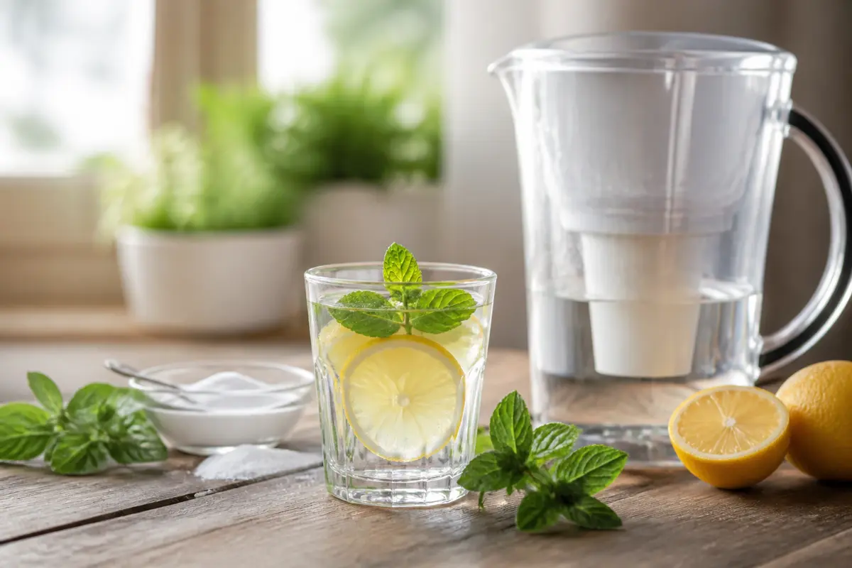 Verre d'eau citronnée avec menthe fraîche, carafe filtrante et citrons sur table en bois, ambiance naturelle.