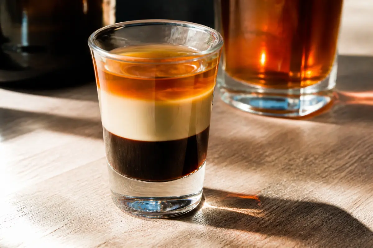 Verre de cocktail B-52 avec couches distinctes, posé sur une table en bois, éclairage ensoleillé.