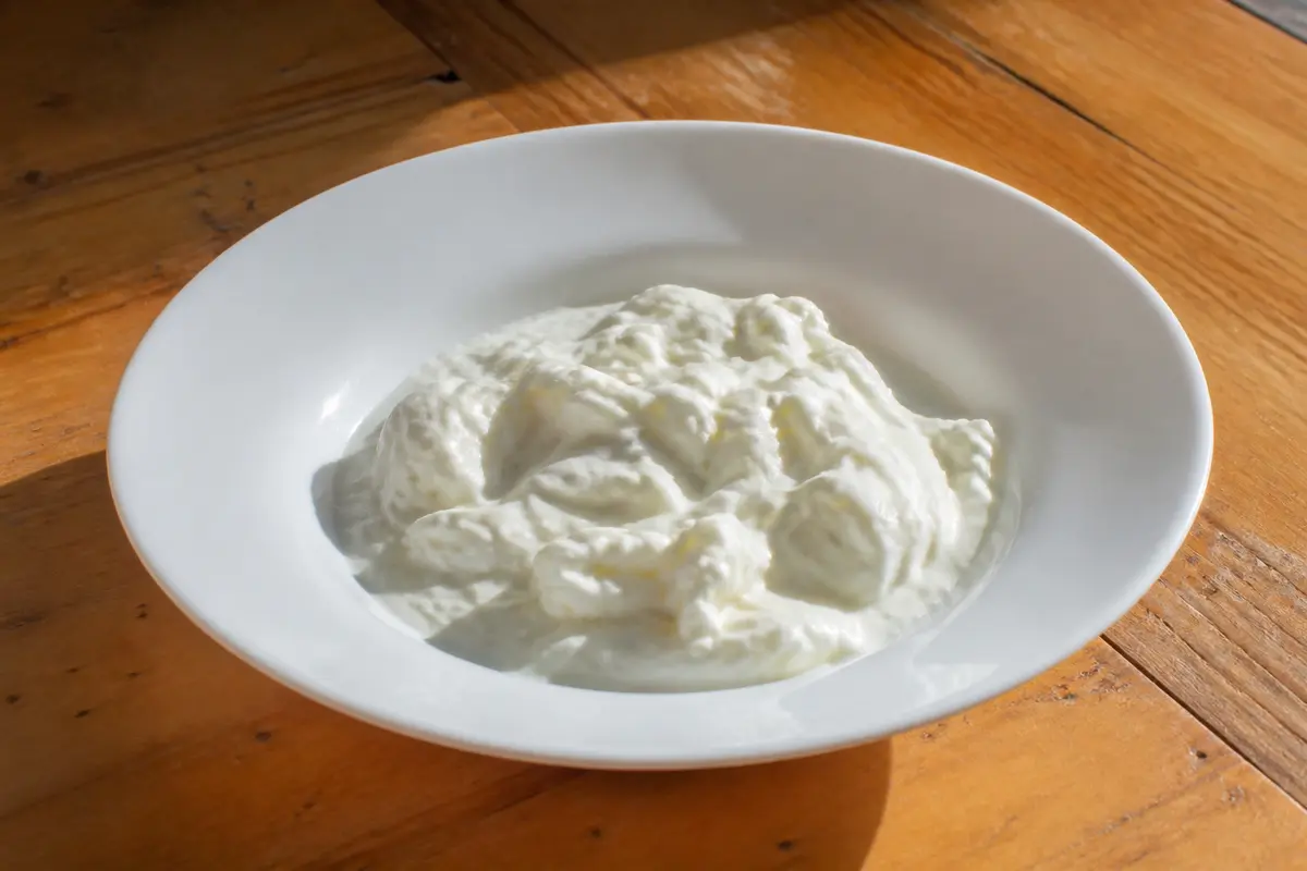 Bol en céramique blanche avec du yaourt nature crémeux sur une table en bois.