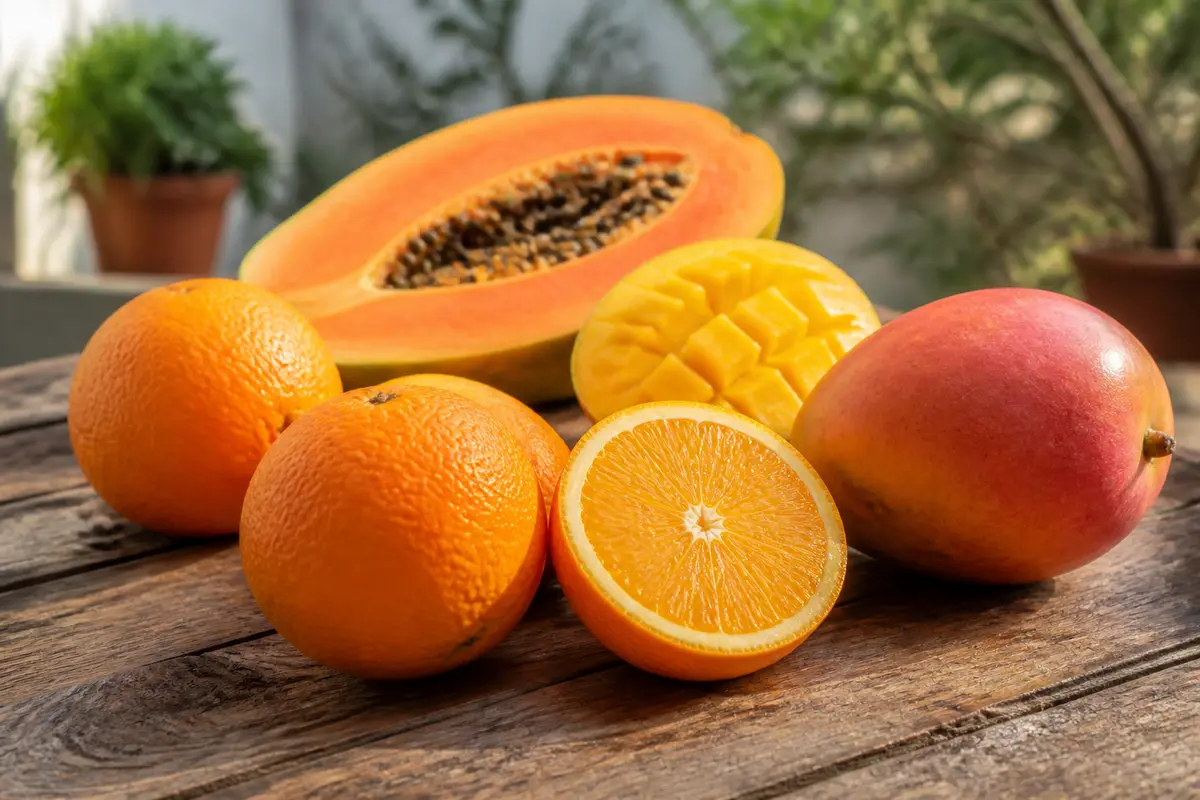 Fruits variés sur une table en bois : mangue, papaye et oranges entières et coupées exposés en plein air.