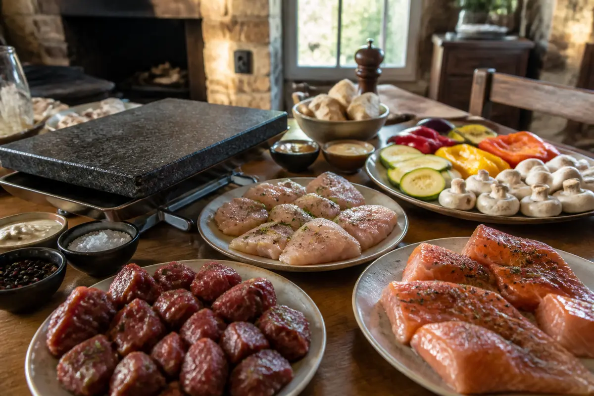 Assortiment de viandes, poissons, légumes crus autour d'une plaque chauffante en pierre dans une cuisine rustique.