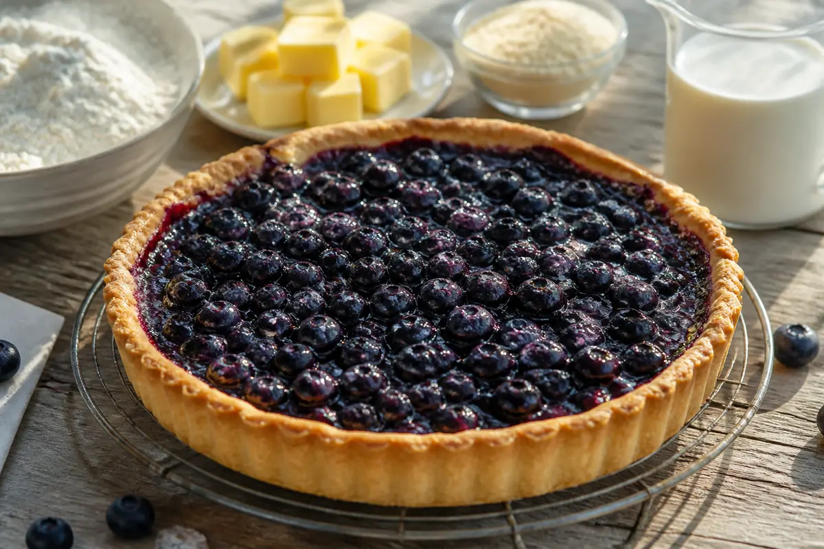 Tarte aux myrtilles sur grille, ingrédients autour : farine, beurre, lait et poudre. Scène ensoleillée.