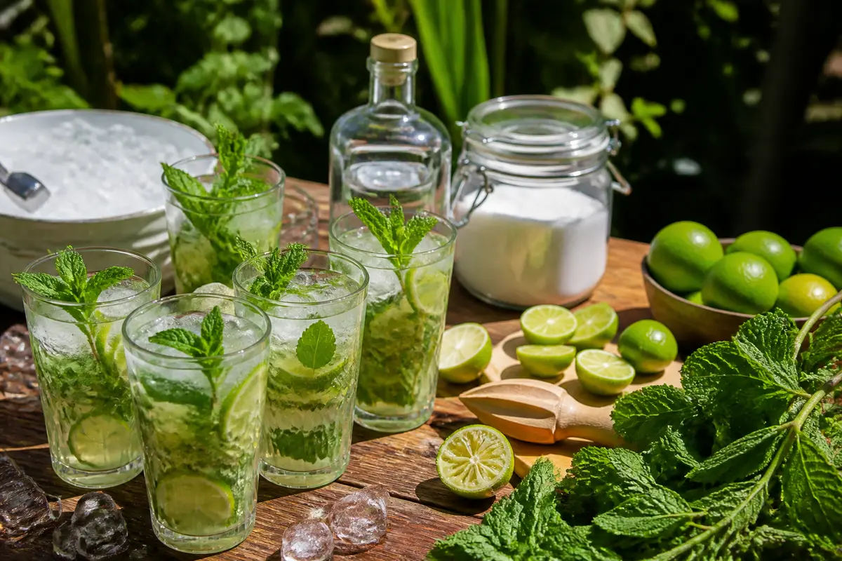 Verres de mojito avec glaçons, menthe, rondelles de citron vert, sucre, bouteille et feuilles fraîches sur table.