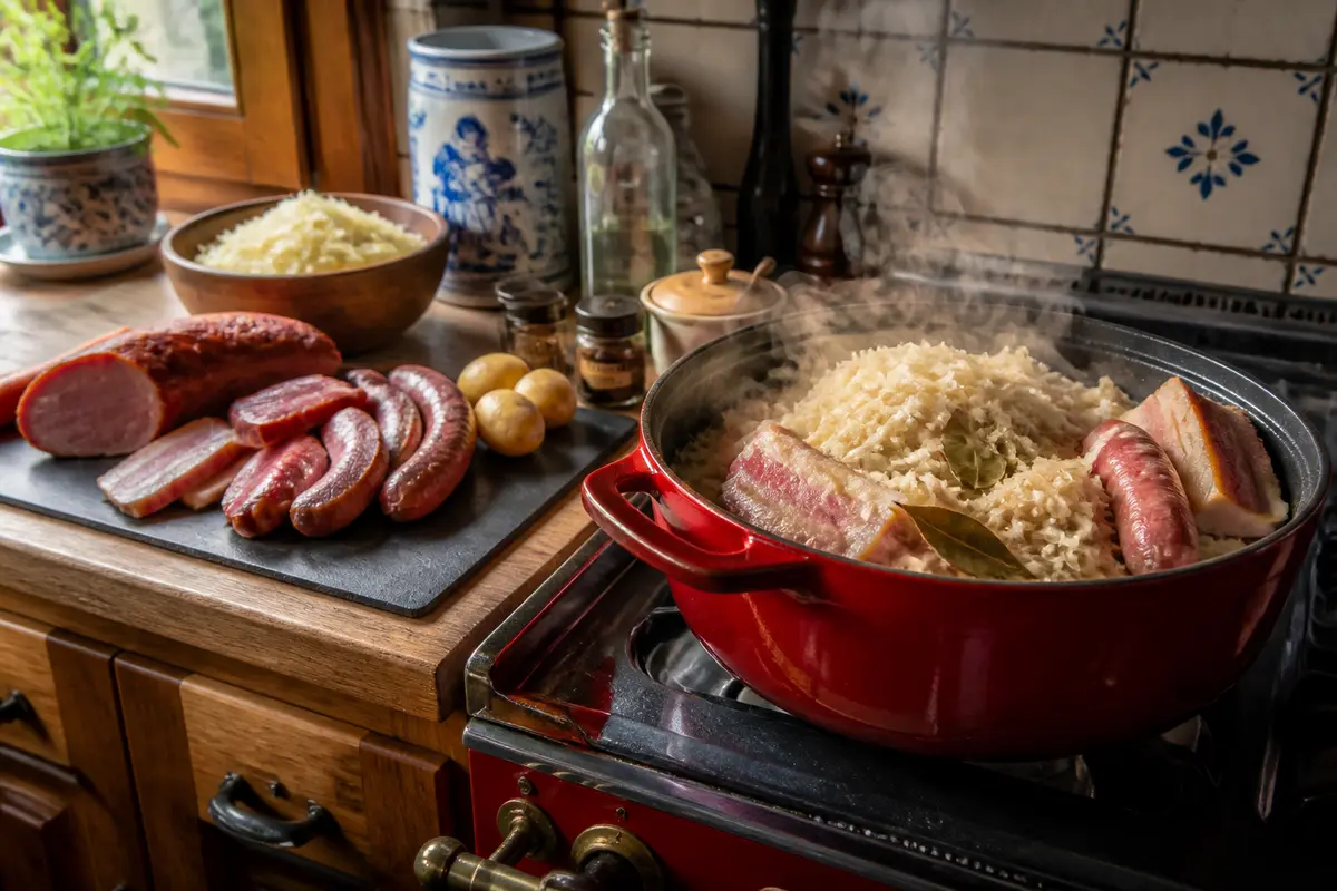 Choucroute traditionnelle en préparation, avec saucisses, lard, pommes de terre sur planche de cuisine.